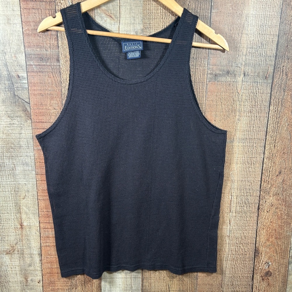 Vintage Basic Editions Black Mesh Knit Tank Top Large Sheer Grunge Y2K Layering